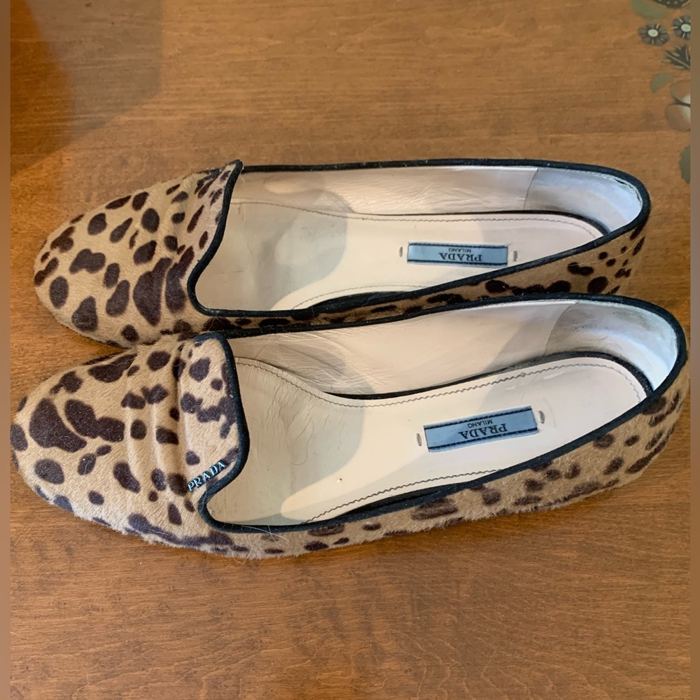 Pair of Prada “pony” hair spotted smoking loafers.